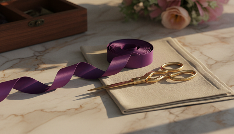 Violet satin ribbon and gold scissors on a marble table